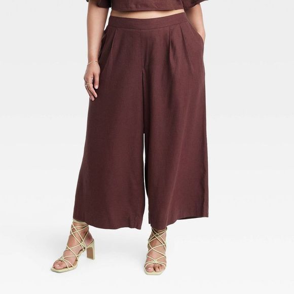 a new day Other - Women's Super High-Rise Wide Leg Linen Culotte Pants - A New Day Brown XXL